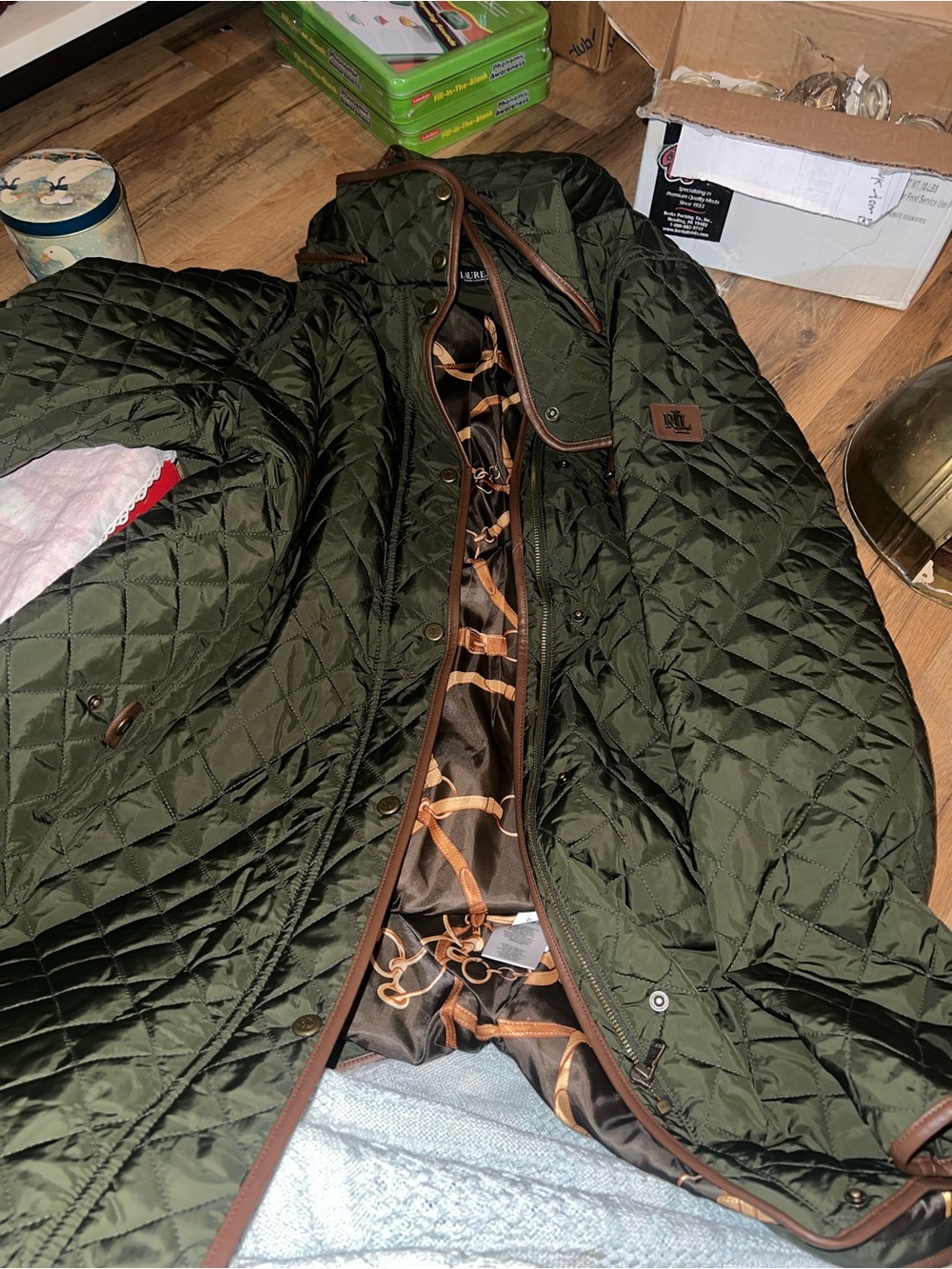 Ralph Lauren Olive Green Quilted Trench Coat with Brown Trim